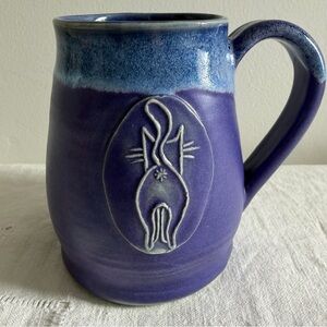 Handmade Ceramic Cat Butt Illustration Mug Blue and Purple